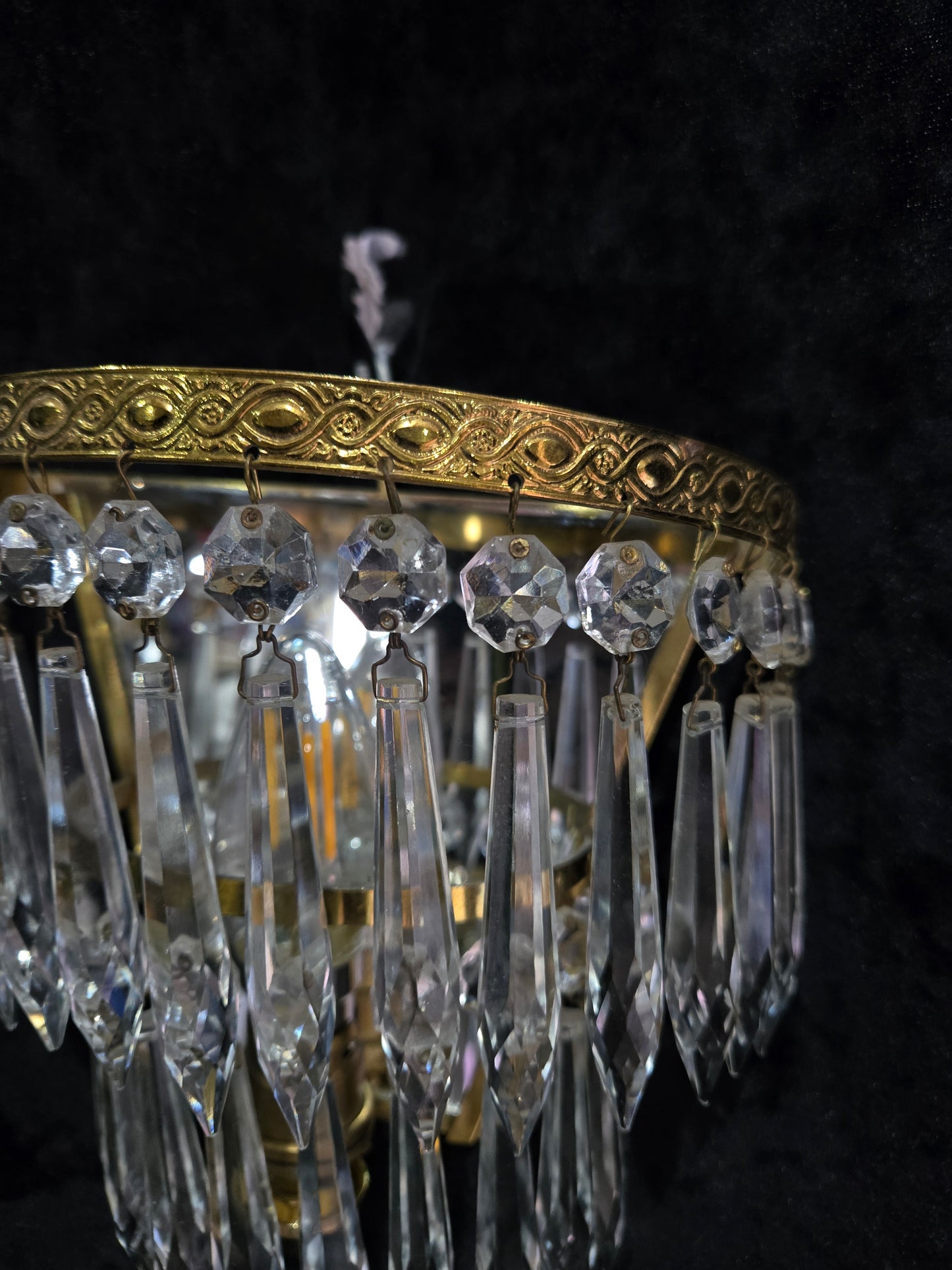 Lovely Pair Antique French 1 Light Crystal Brass Waterfall Mirror Wall Sconces