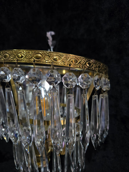 Lovely Pair Antique French 1 Light Crystal Brass Waterfall Mirror Wall Sconces