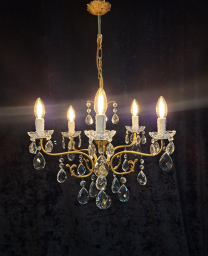Lovely Vintage French 5 Arm Brass and Crystal Leaf Chandelier Ceiling Light