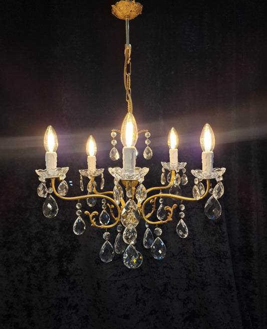 Lovely Vintage French 5 Arm Brass and Crystal Leaf Chandelier Ceiling Light