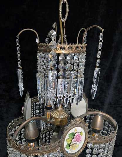 Beautiful Vintage Italian Capodimonte Flower Brass Crystal 4 Light Chandelier