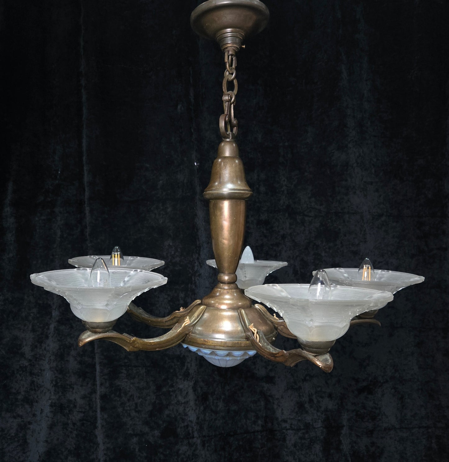 Large Antique French EZAN Art Deco 5 Arm 6 Light Brass Heavy Chandelier Light