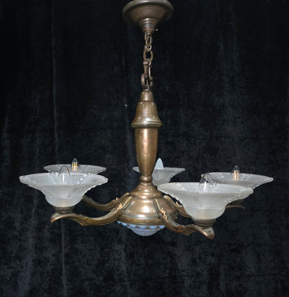 Large Antique French EZAN Art Deco 5 Arm 6 Light Brass Heavy Chandelier Light
