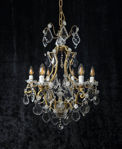 Classical Antique French 6 Arm Caged Bronze Crystal Chandelier Ceiling Light