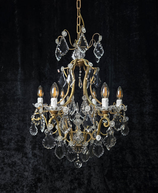 Classical Antique French 6 Arm Caged Bronze Crystal Chandelier Ceiling Light