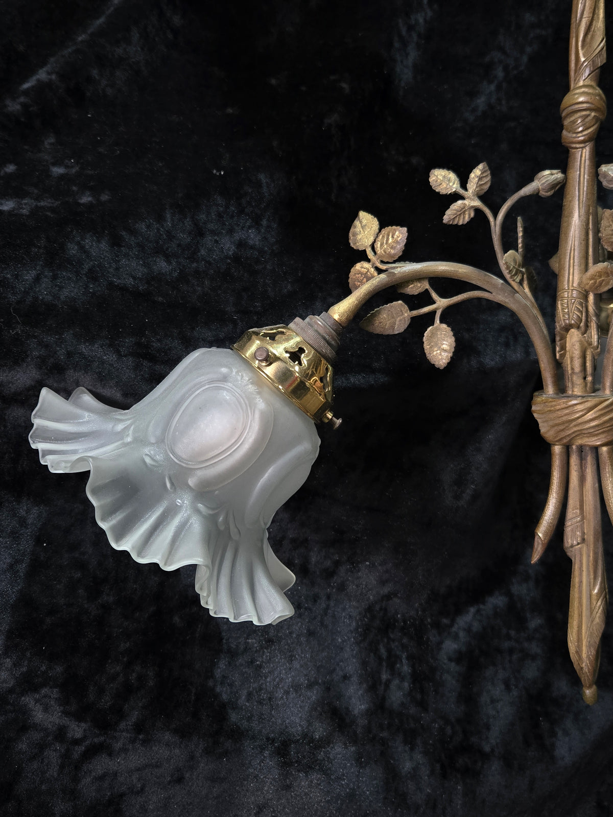 Gorgeous Antique French Brass 3 Arm Floral Chandelier Ceiling Light with Shades