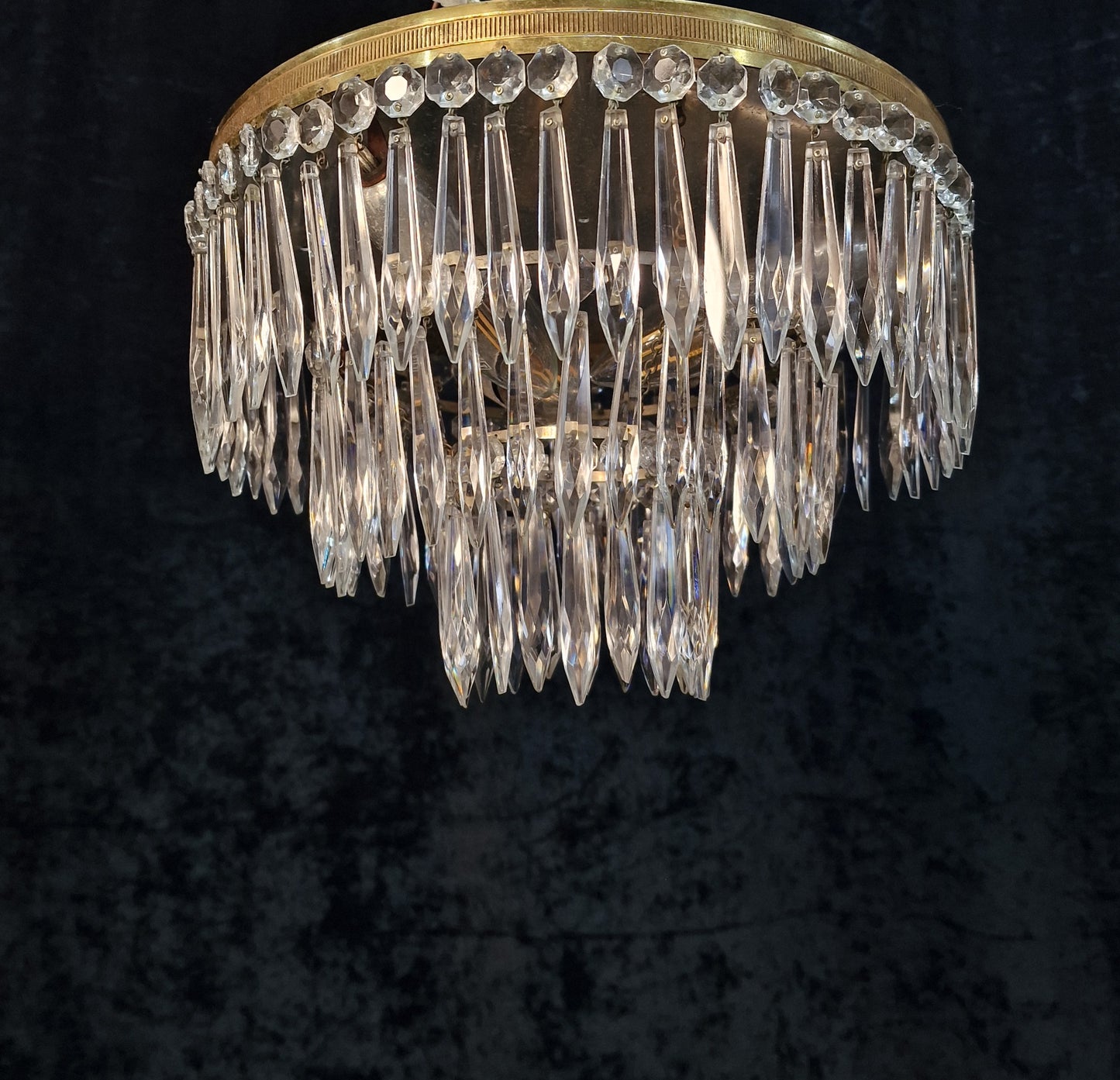 Beautiful Vintage French 3 Tier 3 Light Brass Crystal Waterfall Flush Mount