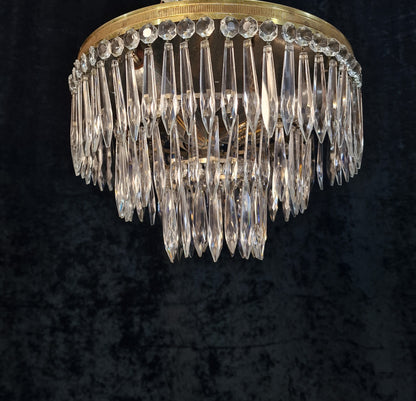 Beautiful Vintage French 3 Tier 3 Light Brass Crystal Waterfall Flush Mount