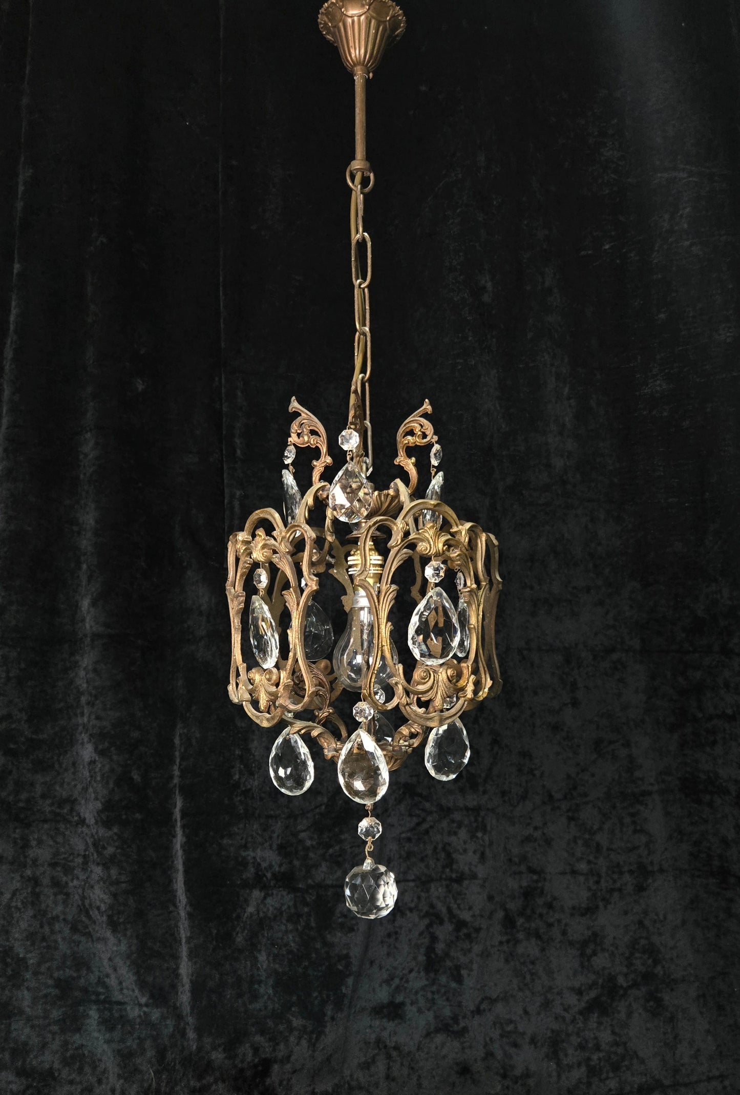 Beautiful Antique French 1 Light Brass Crystal Cage Chandelier Ceiling Light