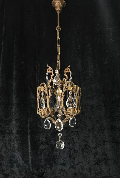 Beautiful Antique French 1 Light Brass Crystal Cage Chandelier Ceiling Light