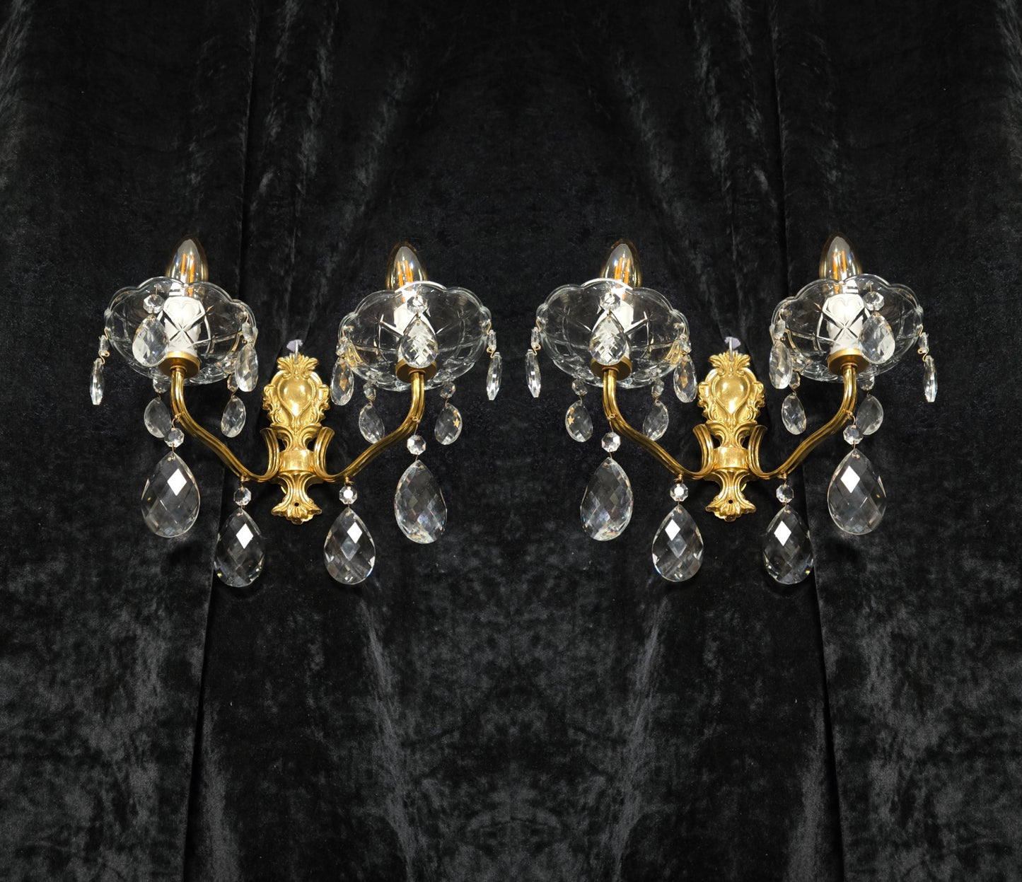 Fabulous Pair Vintage French 2 Arm Brass Leaf Crystal Wall Lights Sconces