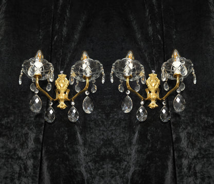 Fabulous Pair Vintage French 2 Arm Brass Leaf Crystal Wall Lights Sconces