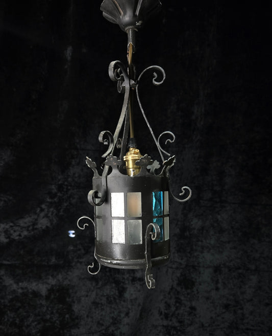 Lovely Petite Vintage French Wrought Iron Gothic Coloured Glass Lantern Light