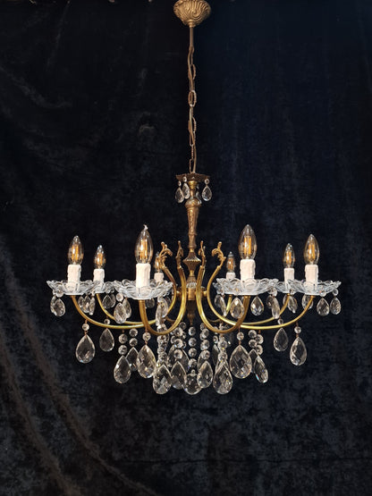 Lovely Vintage Italian 8 Arm 2 Tone Brass Leaf Crystal Chandelier Ceiling Light