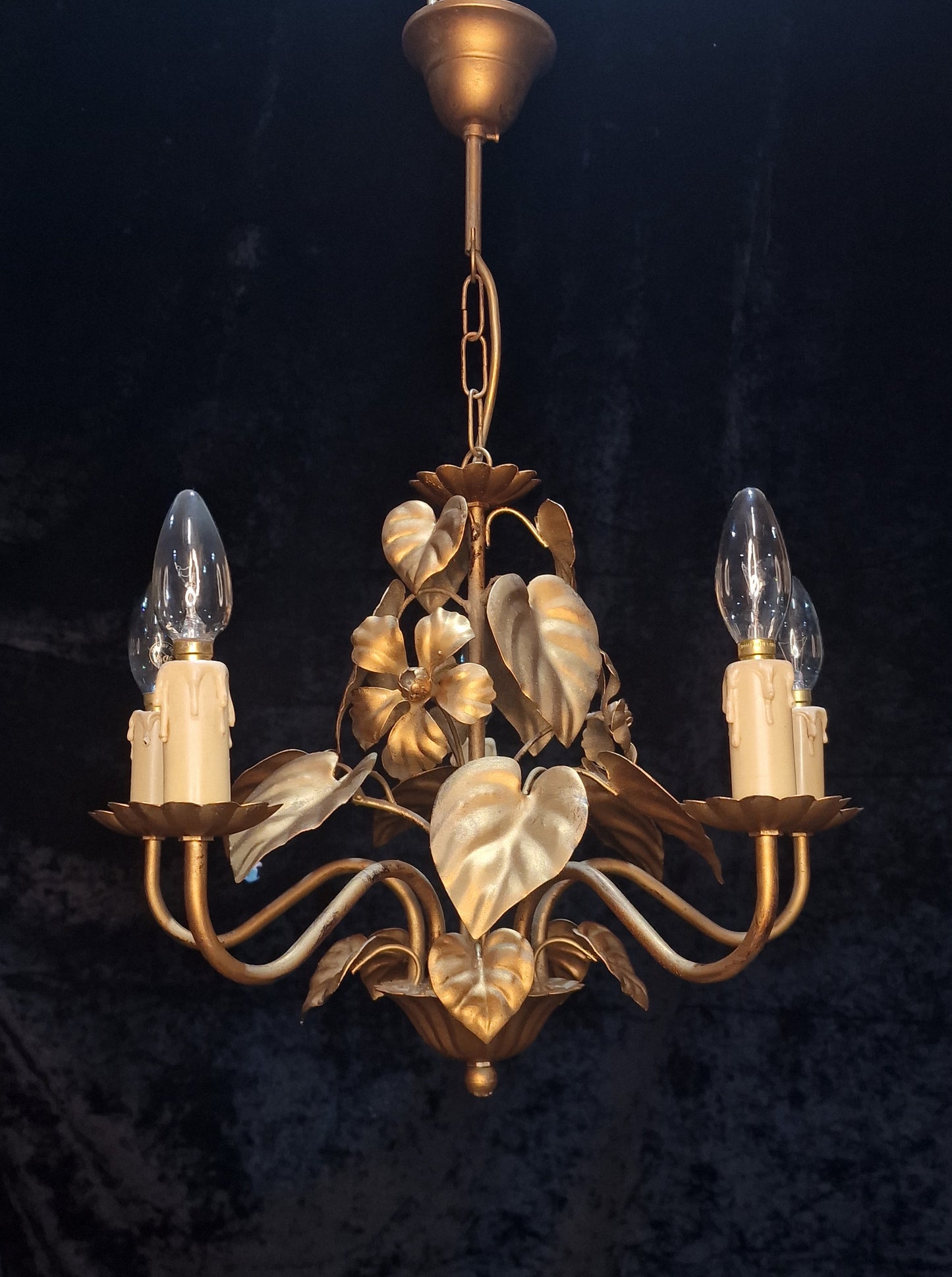 Pretty Vintage French 5 Arm Foliage Toleware Gilded Chandelier Light