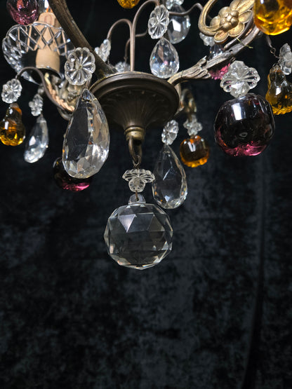 Exquisite Antique French 2 Arm Caged Murano Crystal Brass Chandelier Light