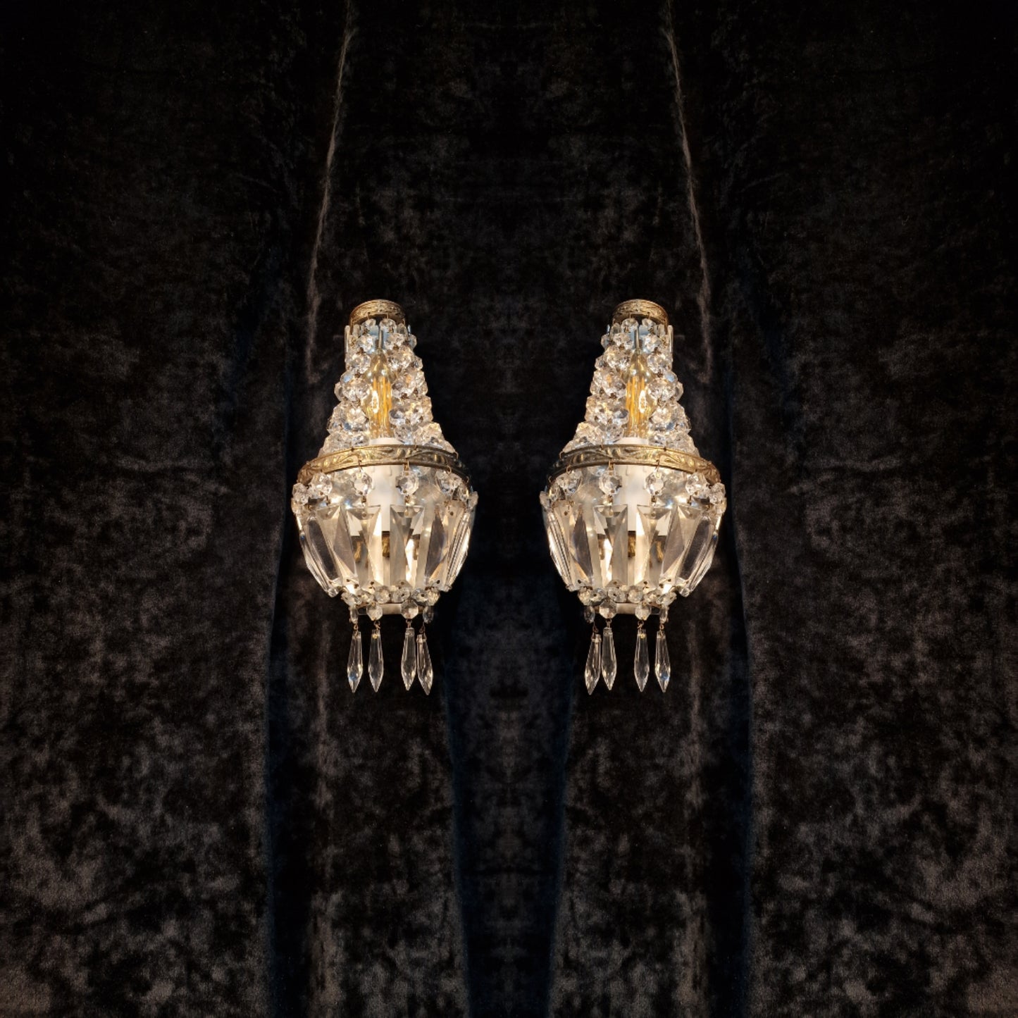 Stunning Pair of Vintage French Brass Crystal Montgolfiere Sconces Wall Lights