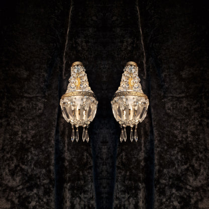 Stunning Pair of Vintage French Brass Crystal Montgolfiere Sconces Wall Lights