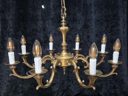 Traditional Heavy Vintage Dutch 8 Arm Brass Gothic Style Chandelier Light