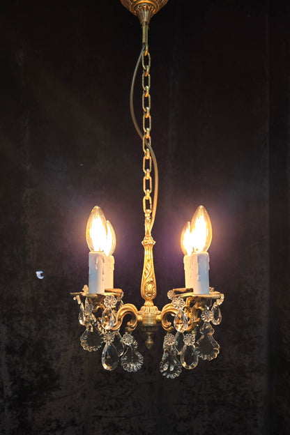 Beautiful Antique Petite French 4 Arm Bronze Brass Crystal Chandelier Light