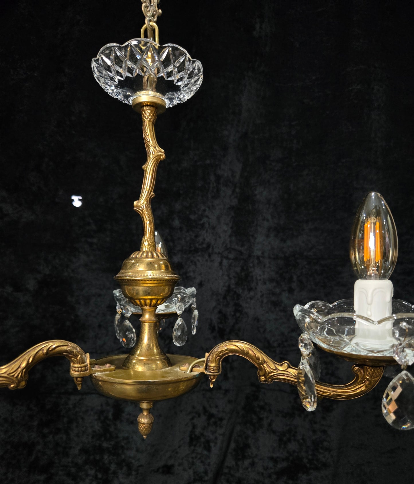 Lovely Vintage French 3 Arm Brass Foliage Crystal Chandelier Ceiling Light