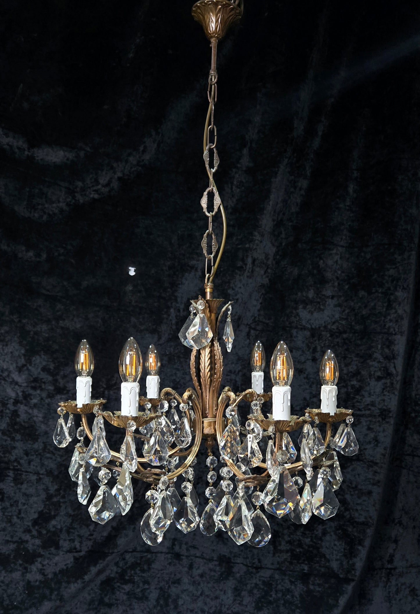 Fabulous Heavy Vintage Italian 6 Arm Leaf Crystal Chandelier Ceiling Light