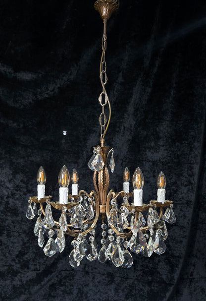 Fabulous Heavy Vintage Italian 6 Arm Leaf Crystal Chandelier Ceiling Light