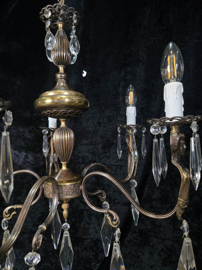 Classical Vintage Italian 5 Arm Crystal Brass Lady Figures Chandelier Light