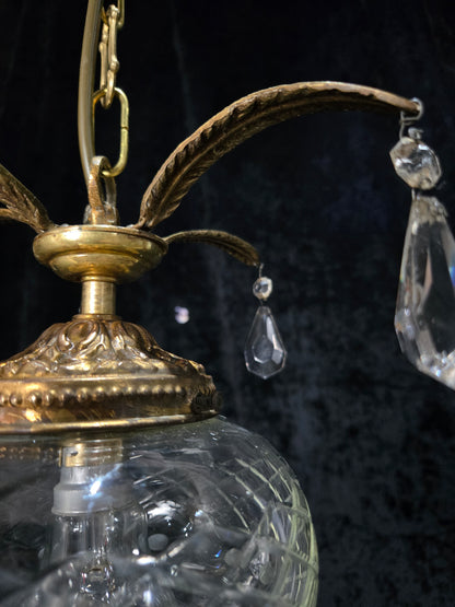 Lovely Vintage Clear Cut Glass Brass Crystal Leaf Hall Lantern Pendant Light