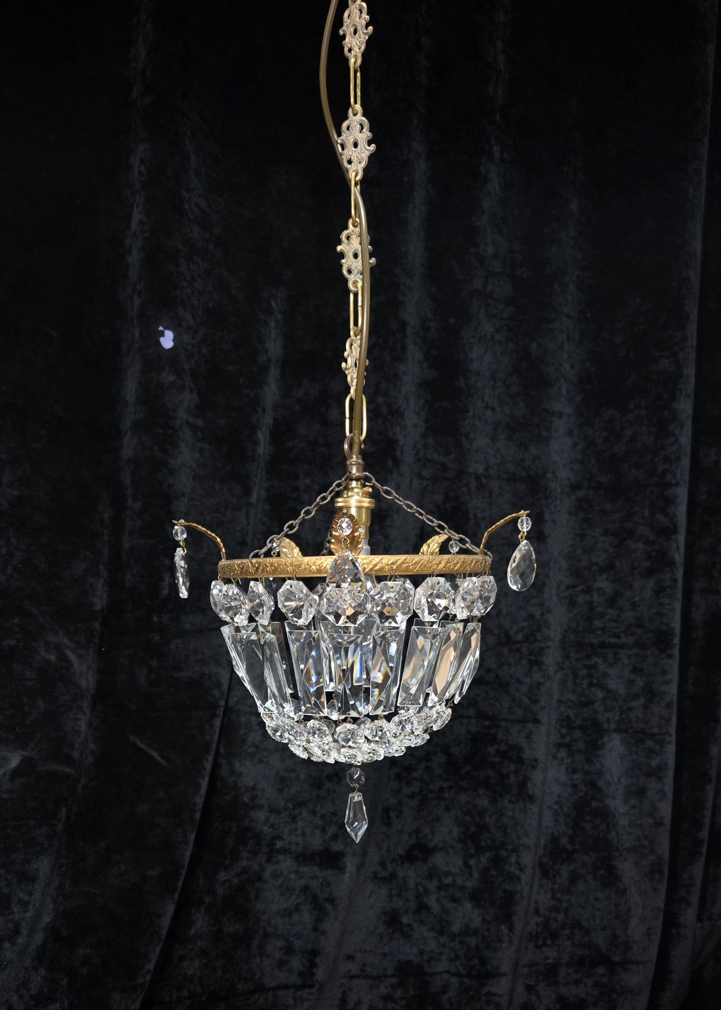 Beautiful Antique French Crystal Half Bag Brass Leaf Chandelier Ceiling Light