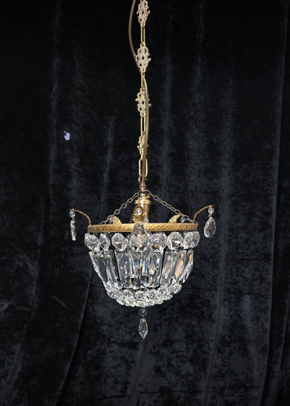 Beautiful Antique French Crystal Half Bag Brass Leaf Chandelier Ceiling Light