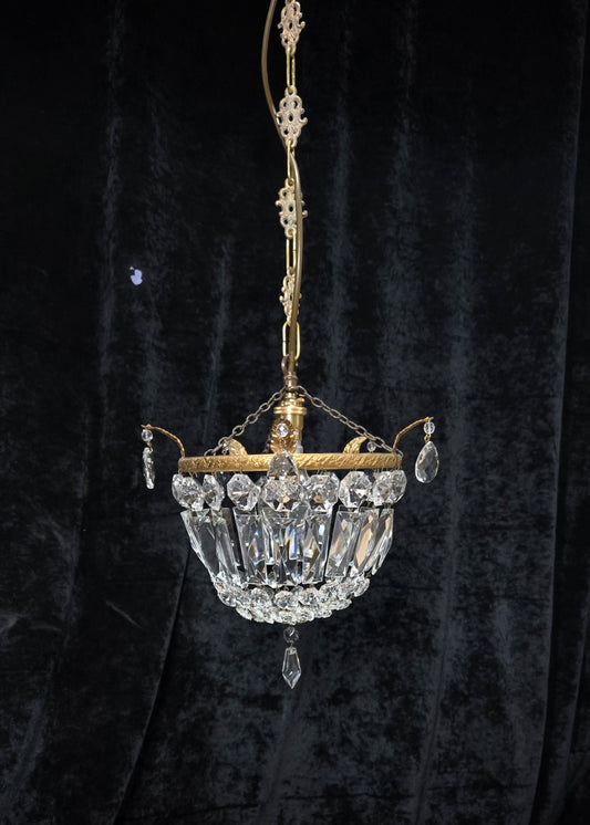 Beautiful Antique French Crystal Half Bag Brass Leaf Chandelier Ceiling Light