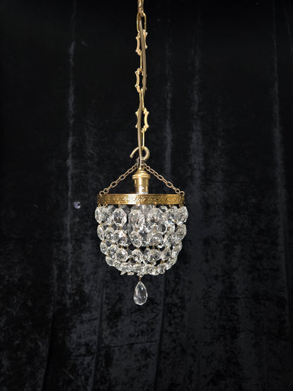 Petite Vintage French Crystal Half Bag Brass Leaf Chandelier Ceiling Light