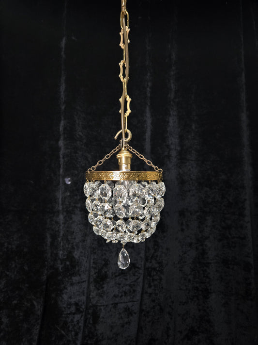 Petite Vintage French Crystal Half Bag Brass Leaf Chandelier Ceiling Light