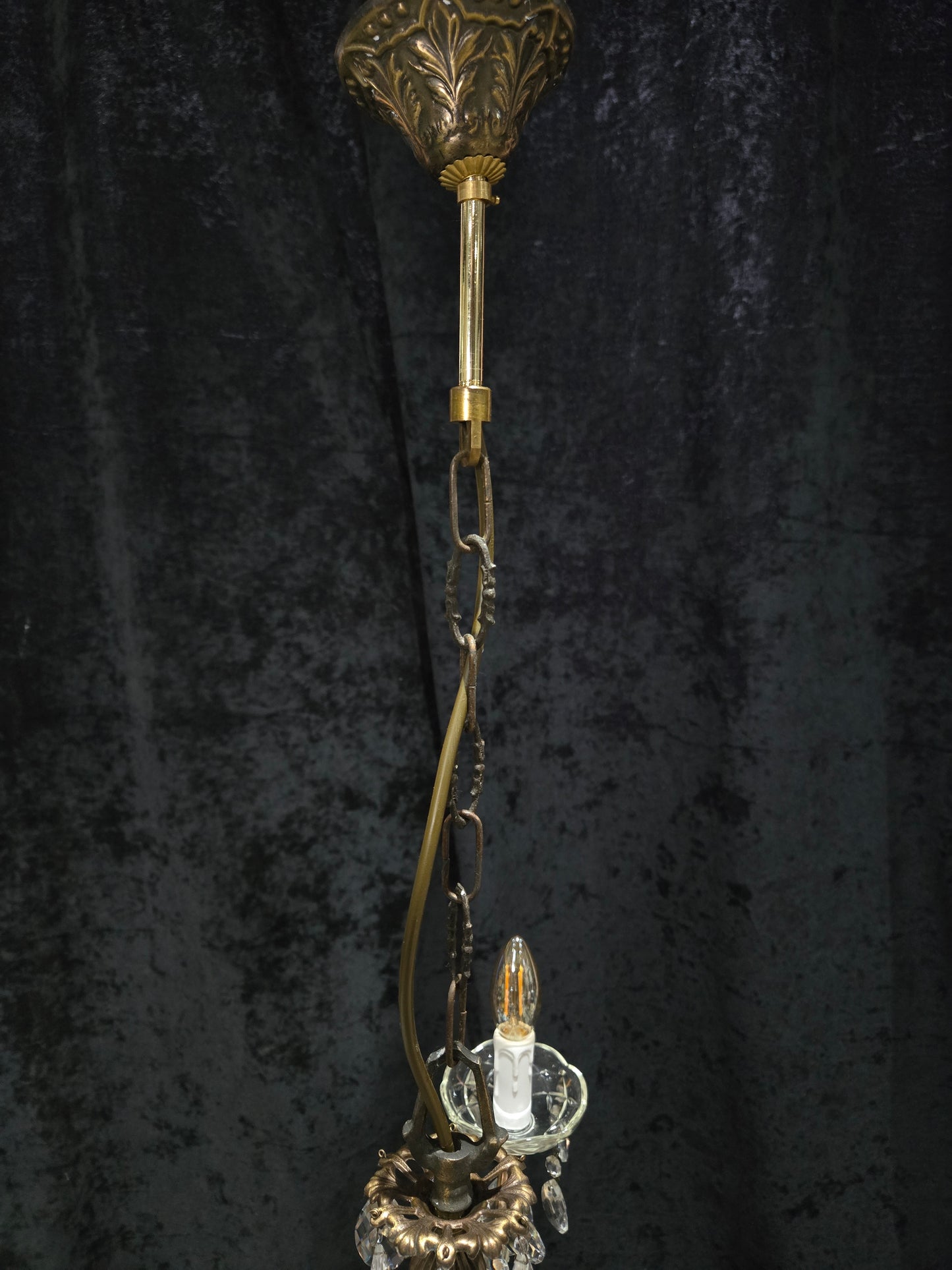 Lovely Vintage Italian 3 Arm Brass Foliage Crystal Chandelier Ceiling Light