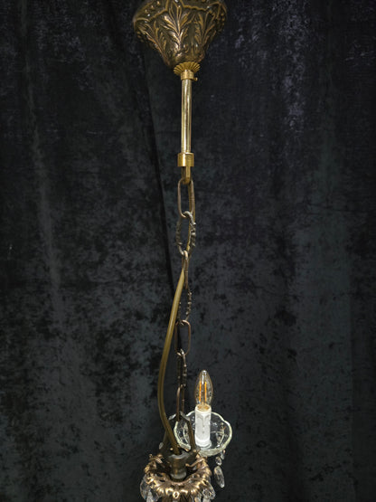 Lovely Vintage Italian 3 Arm Brass Foliage Crystal Chandelier Ceiling Light