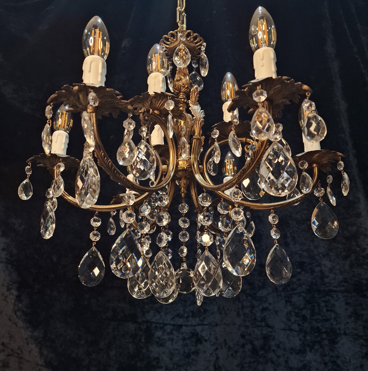 Stunning Antique French 6 Arm 9 Light Heavy Brass Crystal Leaf Chandelier