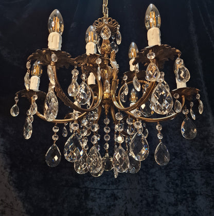 Stunning Antique French 6 Arm 9 Light Heavy Brass Crystal Leaf Chandelier