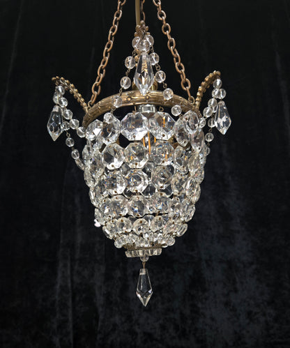 Beautiful Antique French Crystal Bag Brass Leaf Chandelier Ceiling Light