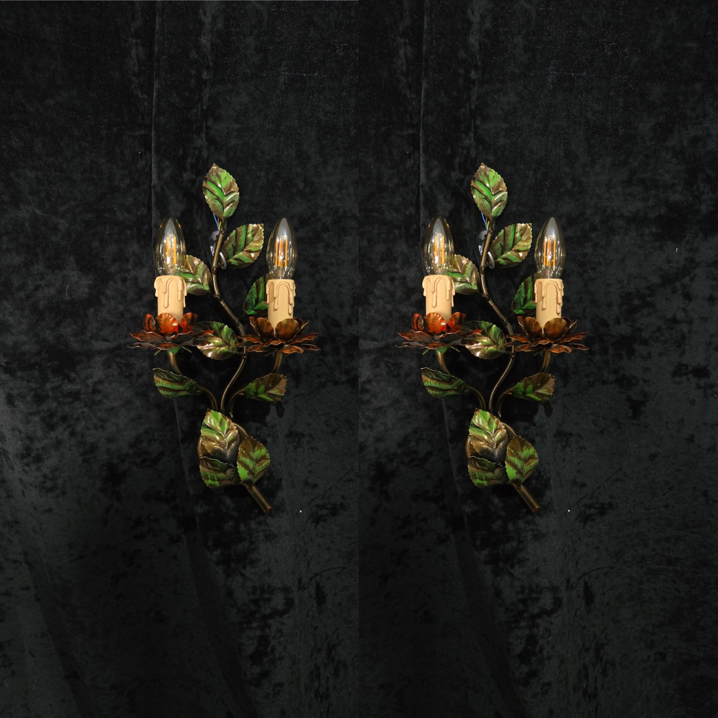 Beautiful Pair Vintage Italian Toleware Florentine Flower Leaf Sconces Lights