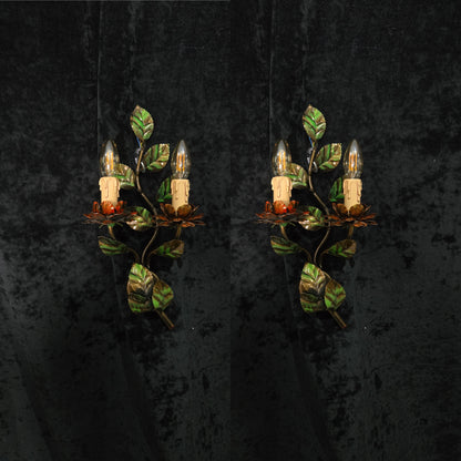 Beautiful Pair Vintage Italian Toleware Florentine Flower Leaf Sconces Lights