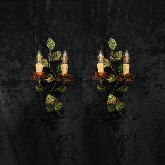 Beautiful Pair Vintage Italian Toleware Florentine Flower Leaf Sconces Lights