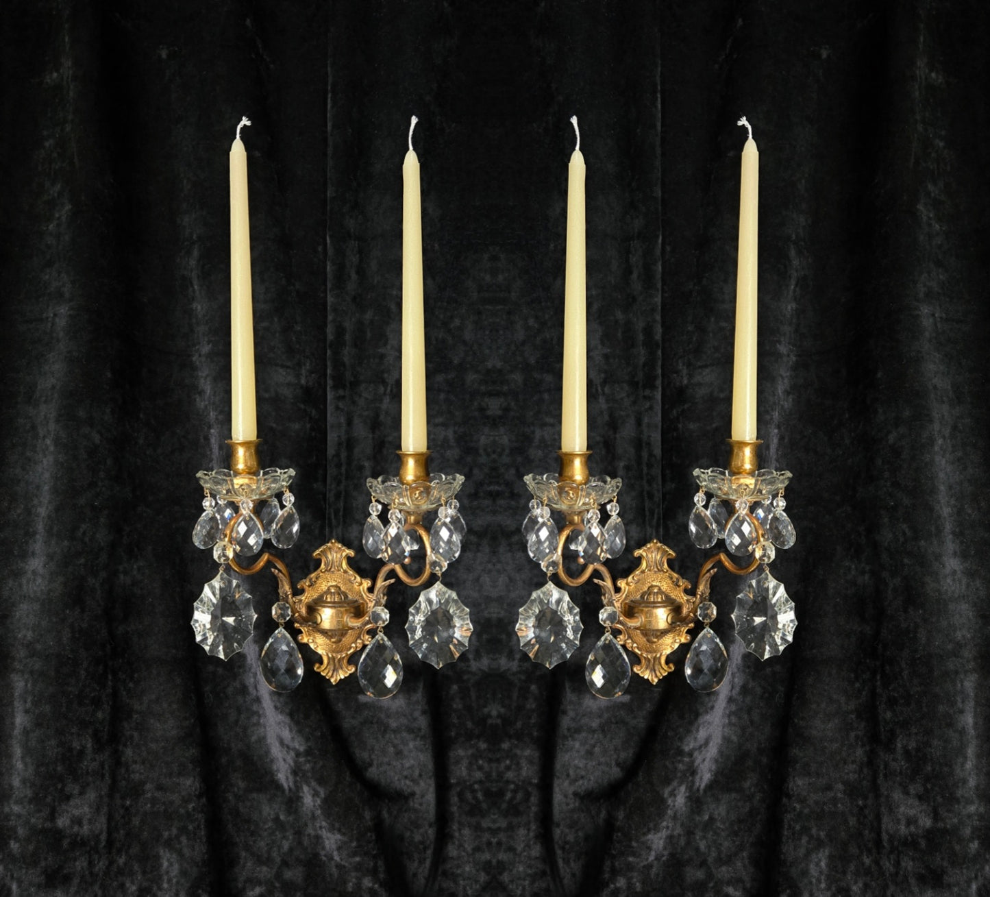 Gorgeous Pair of Vintage Italian 2 Arm Brass Crystal Candle Wall Lights Sconces