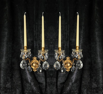 Gorgeous Pair of Vintage Italian 2 Arm Brass Crystal Candle Wall Lights Sconces