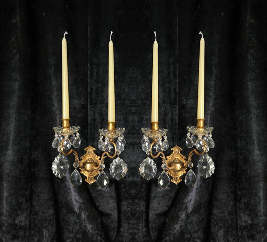 Gorgeous Pair of Vintage Italian 2 Arm Brass Crystal Candle Wall Lights Sconces