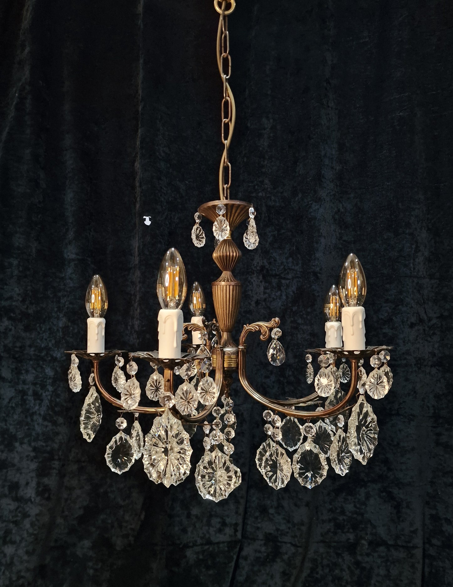 Beautiful Elegant Vintage Italian 5 Arm Brass Crystal Chandelier Ceiling Light