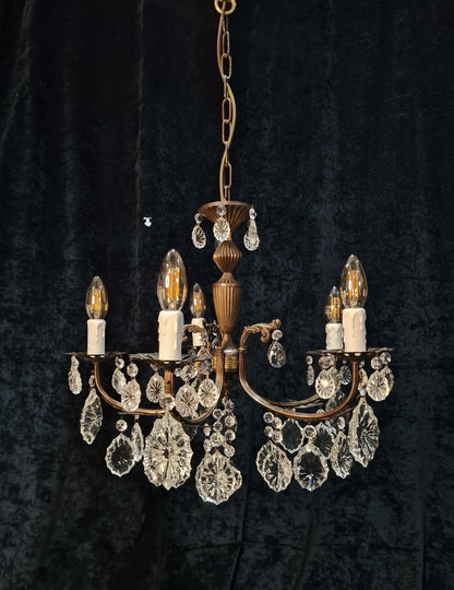 Beautiful Elegant Vintage Italian 5 Arm Brass Crystal Chandelier Ceiling Light