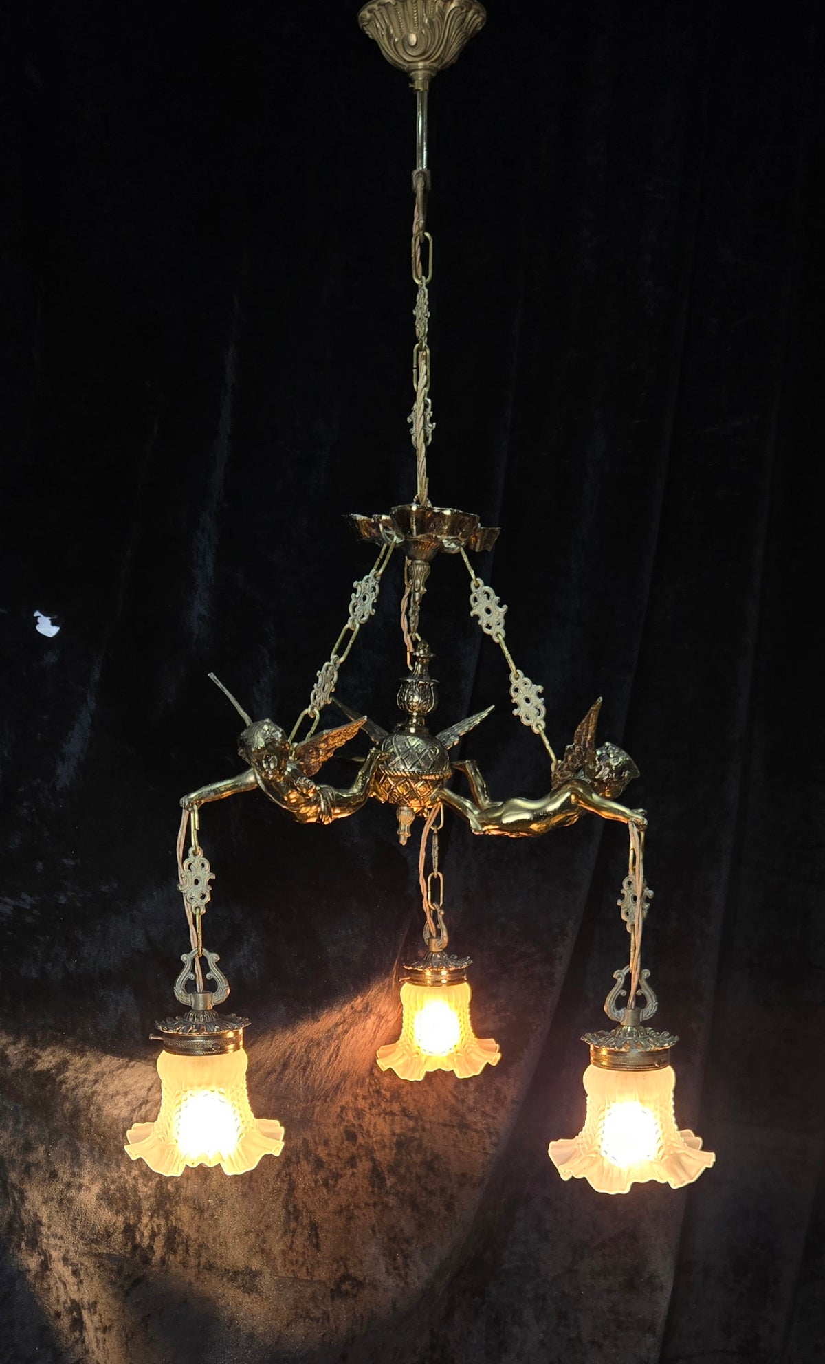 Fabulous Vintage French 3 Light Cherub Brass and Spelter Chandelier with Shades