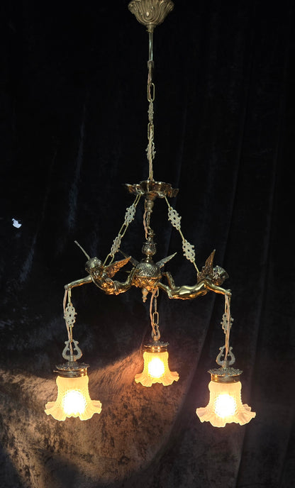 Fabulous Vintage French 3 Light Cherub Brass and Spelter Chandelier with Shades