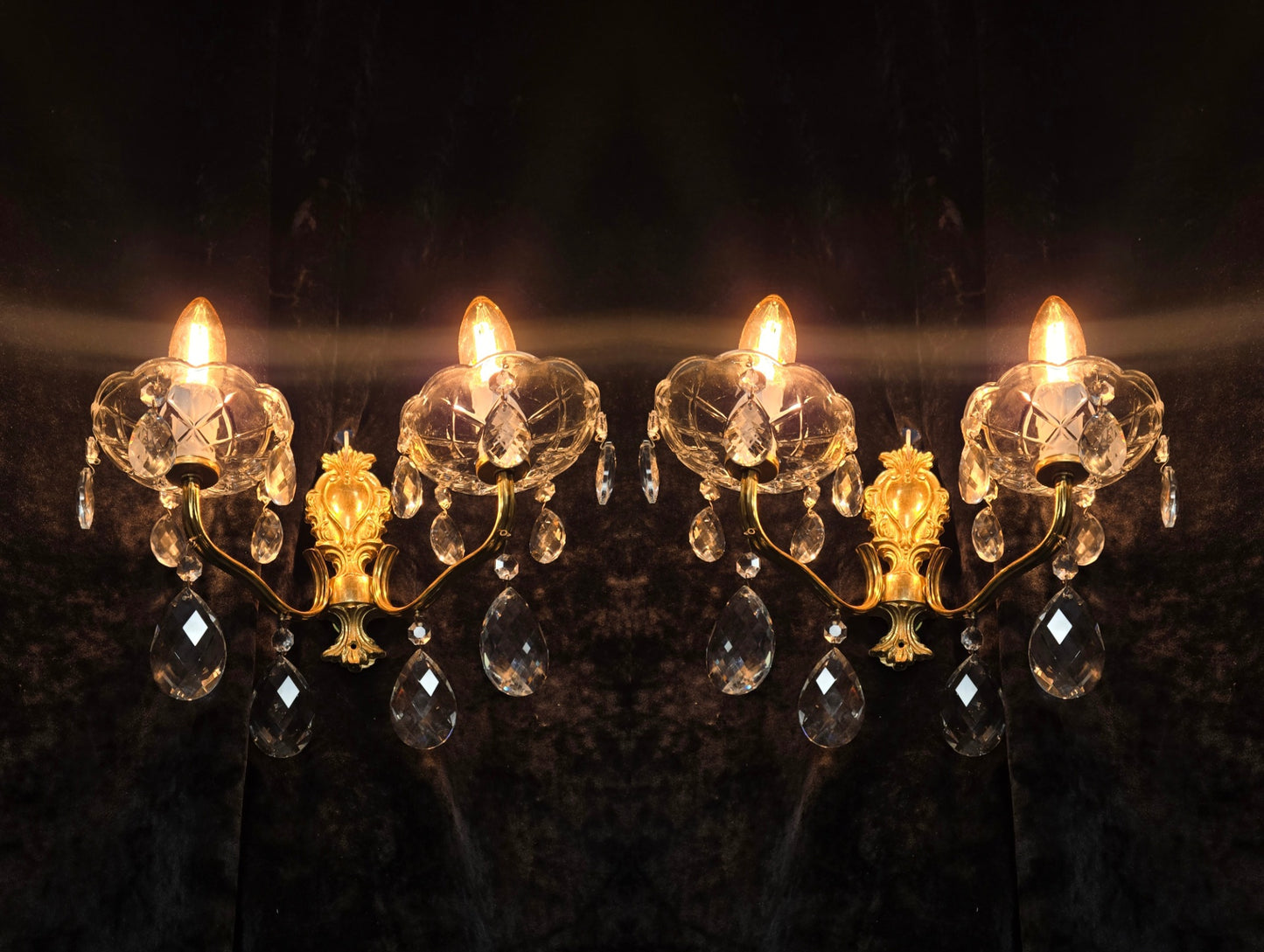 Fabulous Pair Vintage French 2 Arm Brass Leaf Crystal Wall Lights Sconces